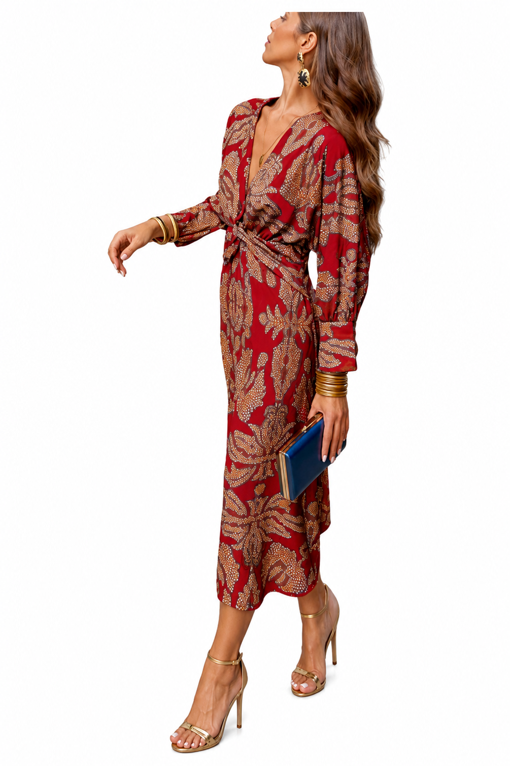 Women’s Boho Floral Print Long Sleeve Midi Dress, Deep V Neck Twist Front, Casual Wedding Guest Dress