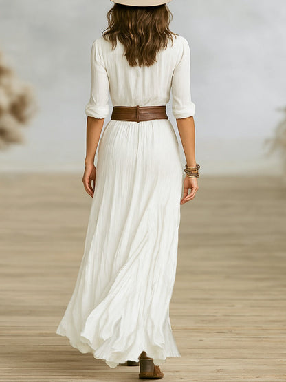 Crissa | Women's Long Belted Dress with Pleated Lapels