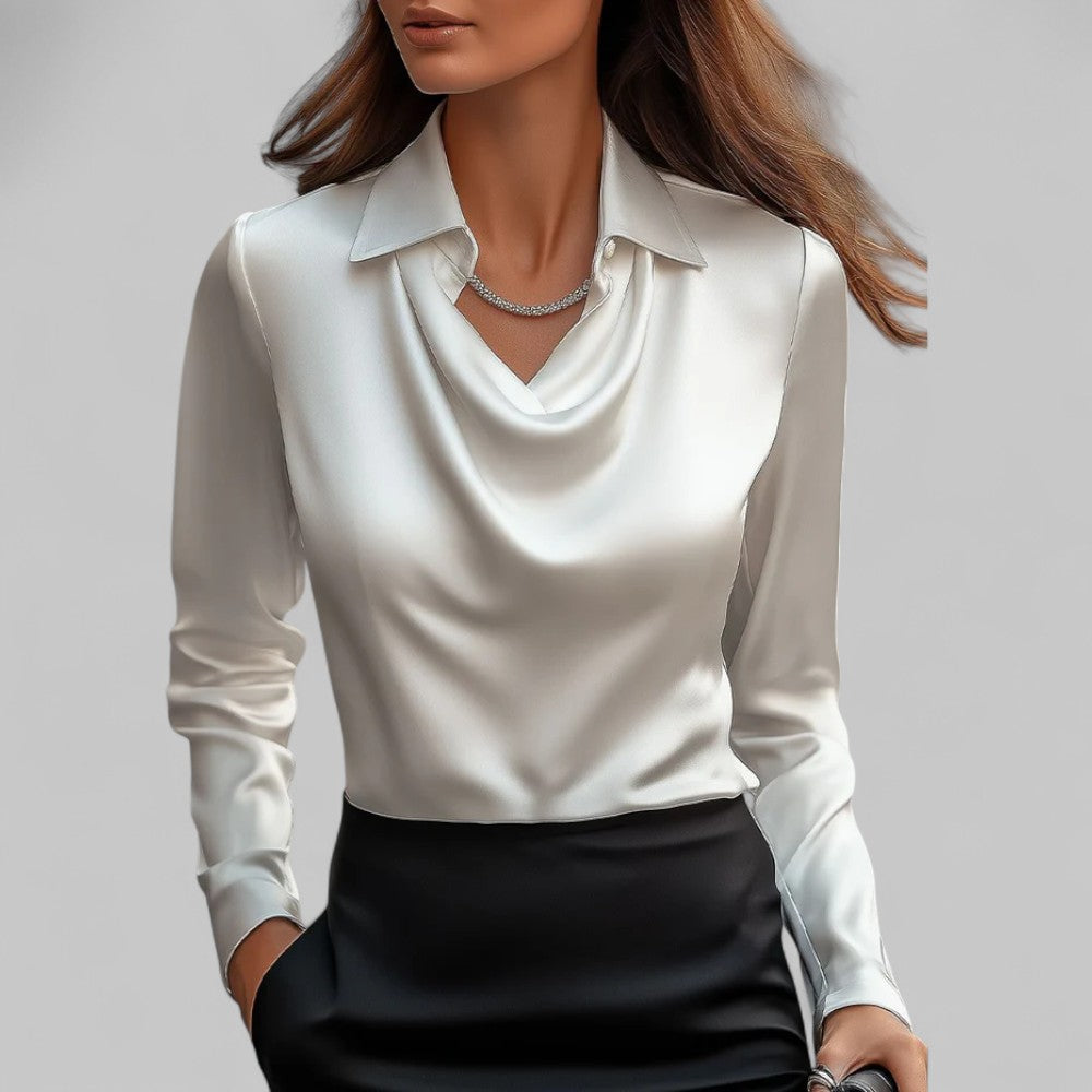 Freddie | Women’s Cream Silk Blouse with Draped Neckline for Office and Evening Wear 0
