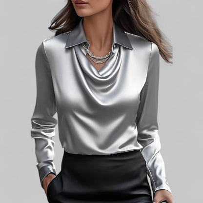 Freddie | Women’s Cream Silk Blouse with Draped Neckline for Office and Evening Wear 1
