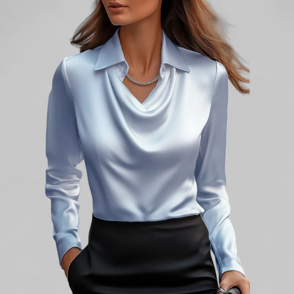 Freddie | Women’s Cream Silk Blouse with Draped Neckline for Office and Evening Wear 5