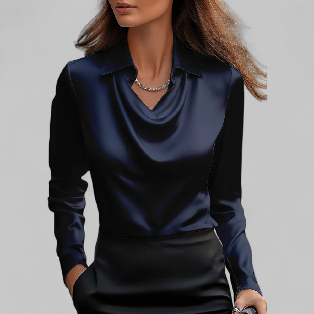 Freddie | Women’s Cream Silk Blouse with Draped Neckline for Office and Evening Wear 7