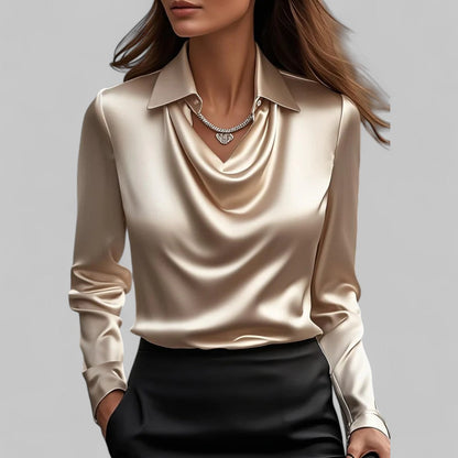 Freddie | Women’s Cream Silk Blouse with Draped Neckline for Office and Evening Wear 9