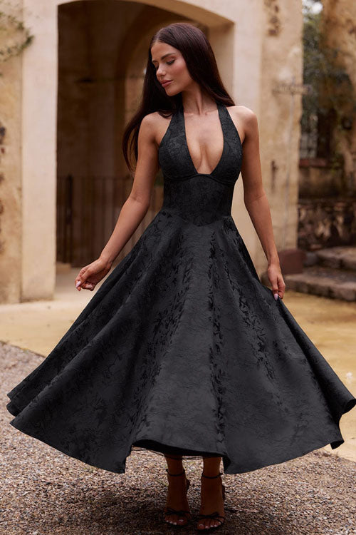 Genevieve™ | V-Neck Halterneck Sleeveless Jacquard Maxi Dress 4