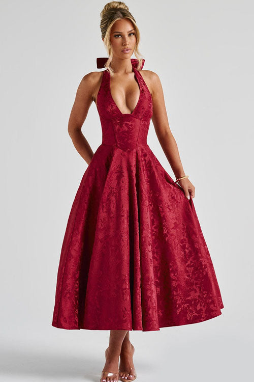 Genevieve™ | V-Neck Halterneck Sleeveless Jacquard Maxi Dress 5