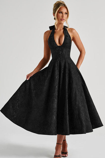 Genevieve™ | V-Neck Halterneck Sleeveless Jacquard Maxi Dress 8