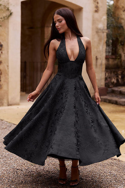 Genevieve™ | V-Neck Halterneck Sleeveless Jacquard Maxi Dress 9