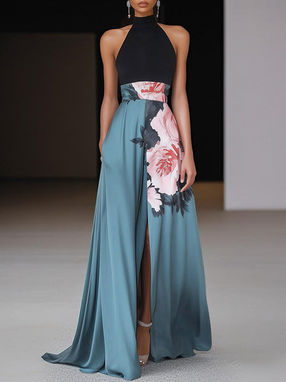 Janelle™ | Black Slit Floral Classic Crew Neck Sleeveless A-Line Maxi Dress 0