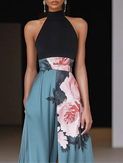 Janelle™ | Black Slit Floral Classic Crew Neck Sleeveless A-Line Maxi Dress 1