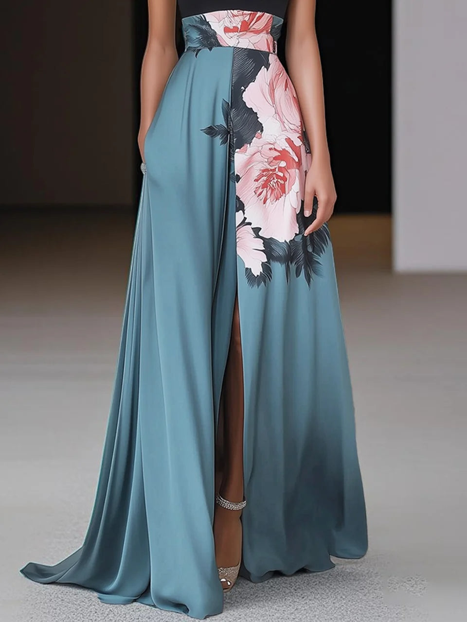 Janelle™ | Black Slit Floral Classic Crew Neck Sleeveless A-Line Maxi Dress 2