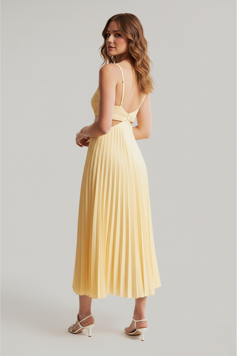 Lauren | Women's Pleated Cutout Waist Midi Wedding Guest Dress 2