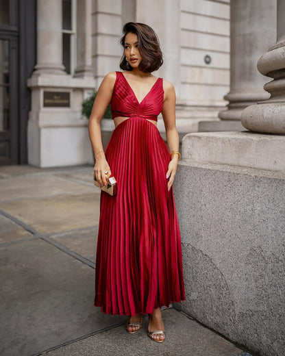 Lauren | Women's Pleated Cutout Waist Midi Wedding Guest Dress 3