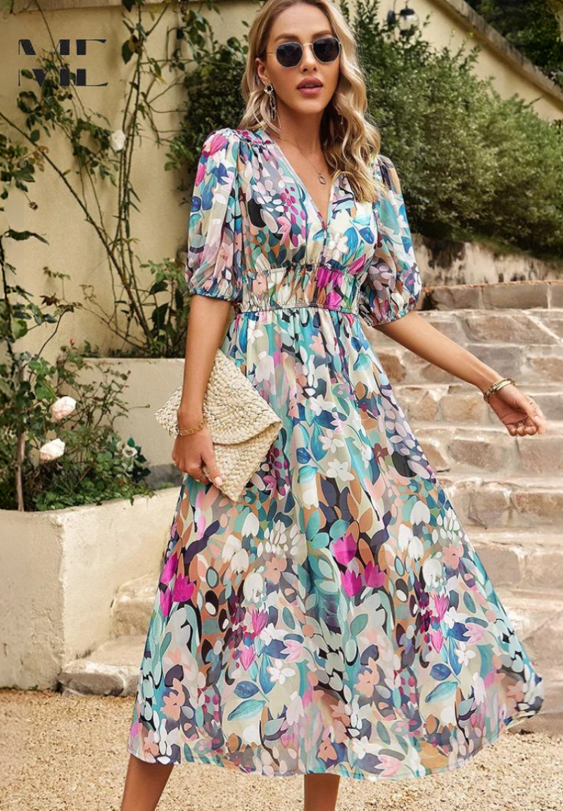 Makayla | Women's Floral V Neck Midi Wedding Guest Dress 0