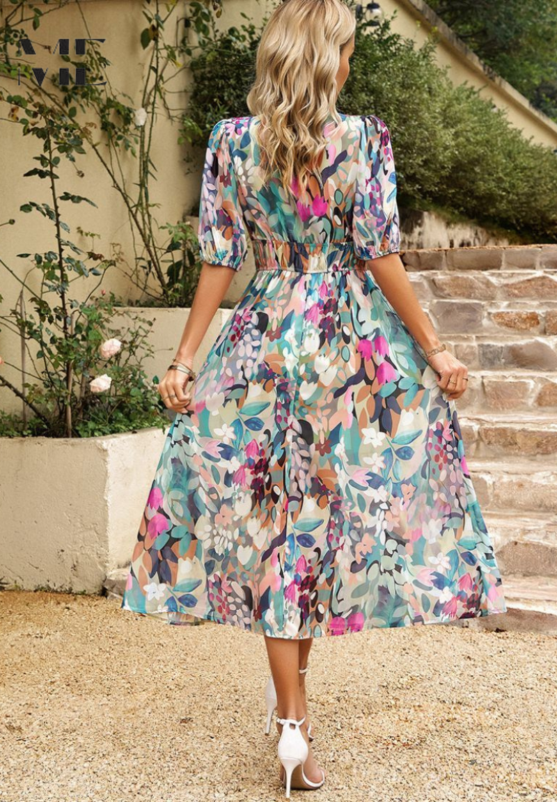 Makayla | Women's Floral V Neck Midi Wedding Guest Dress 1
