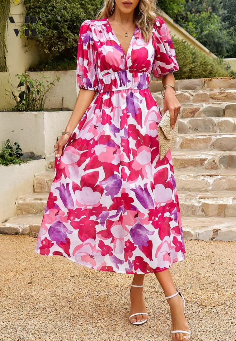 Makayla | Women's Floral V Neck Midi Wedding Guest Dress 6