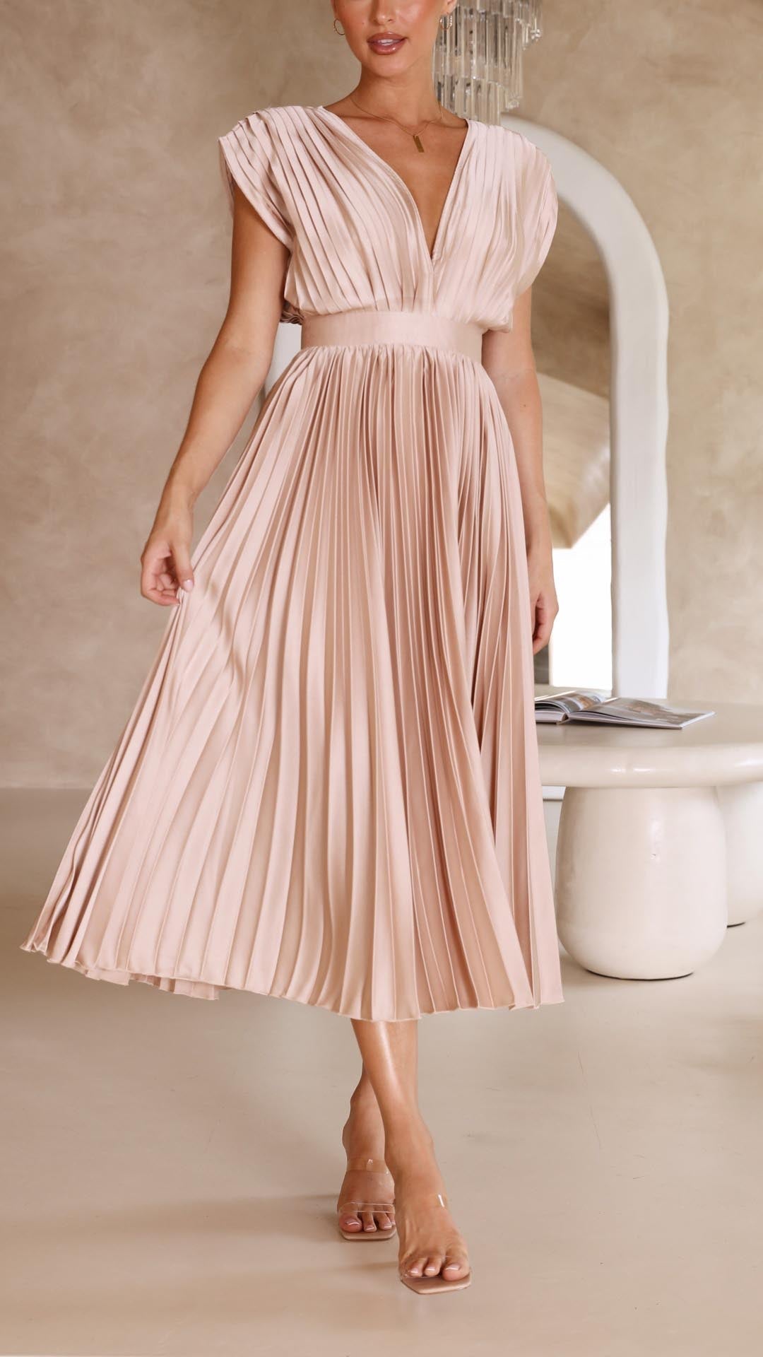 Nicole | Women's Pleated V Neck Midi Wedding Guest Dress 7