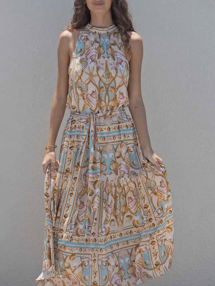 Exquisite Satin Ocean Treasure Print Maxi Dress Olympus London