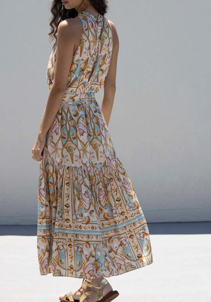 Exquisite Satin Ocean Treasure Print Maxi Dress Olympus London