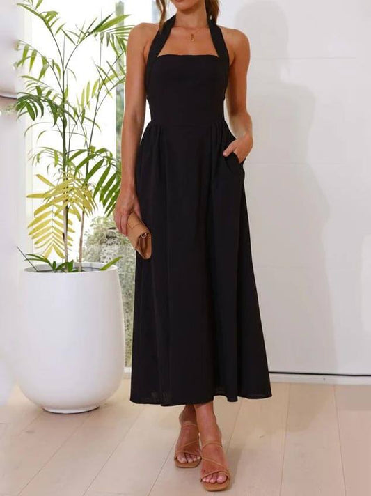 Oliver | Women’s Black Polyester Midi Dress Casual Halter Neck for Cocktail Parties 0
