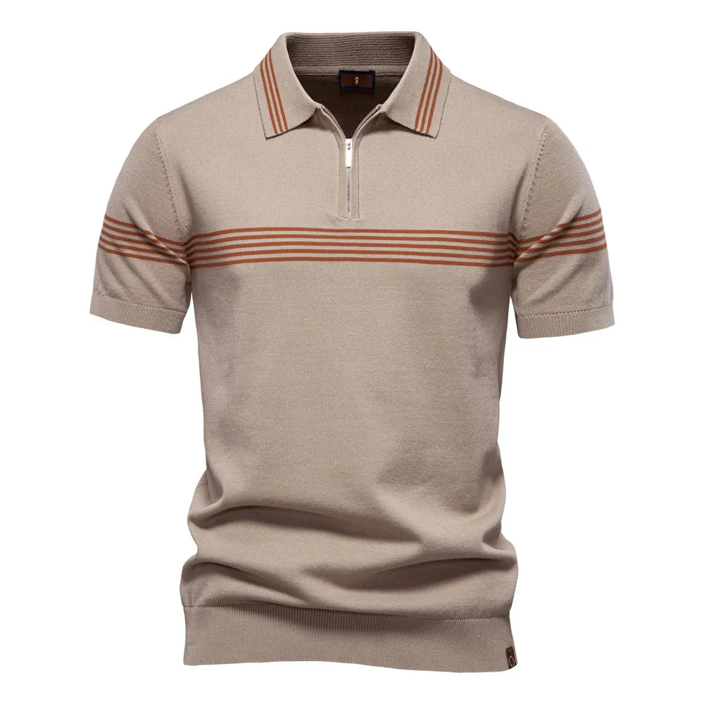 Men's Short-Sleeve Zip Polo Shirt with Chest Stripe and Slim Fit