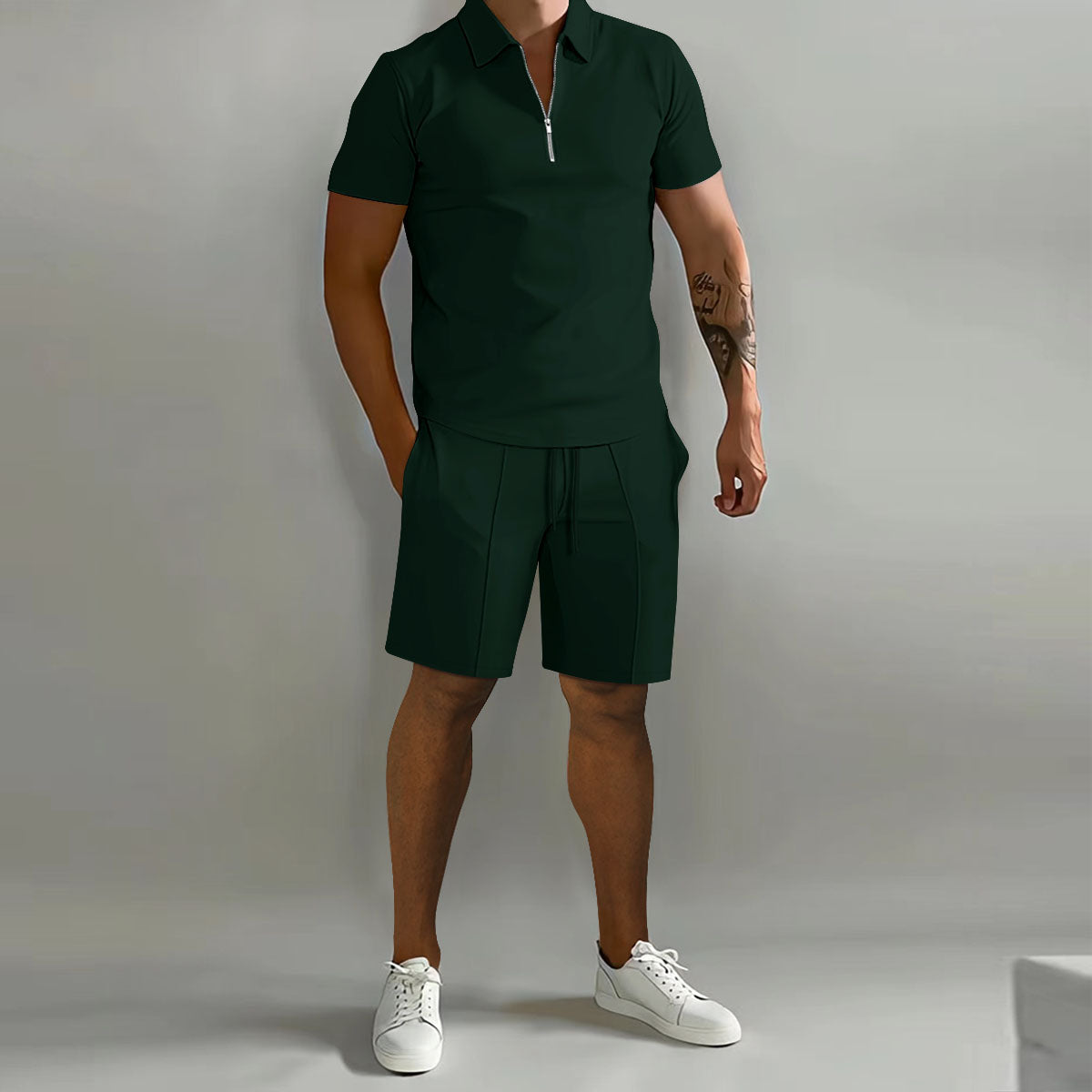 Men's Summer Two-Piece Set with Zipper Polo Shirt and Shorts