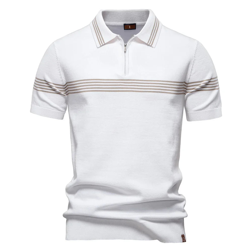 Men's Short-Sleeve Zip Polo Shirt with Chest Stripe and Slim Fit