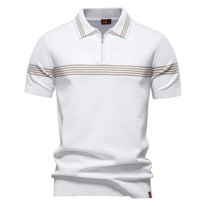 Men's Short-Sleeve Zip Polo Shirt with Chest Stripe and Slim Fit