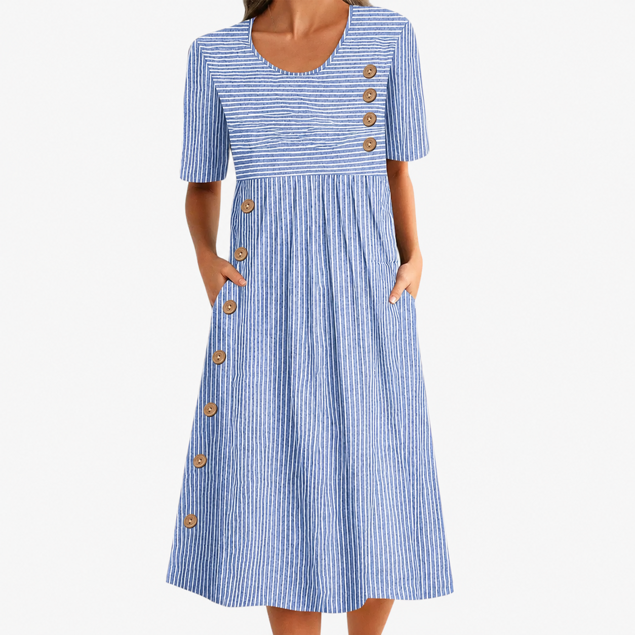 Wanda Striped Midi Dress with Three-Quarter Sleeves and Button Front