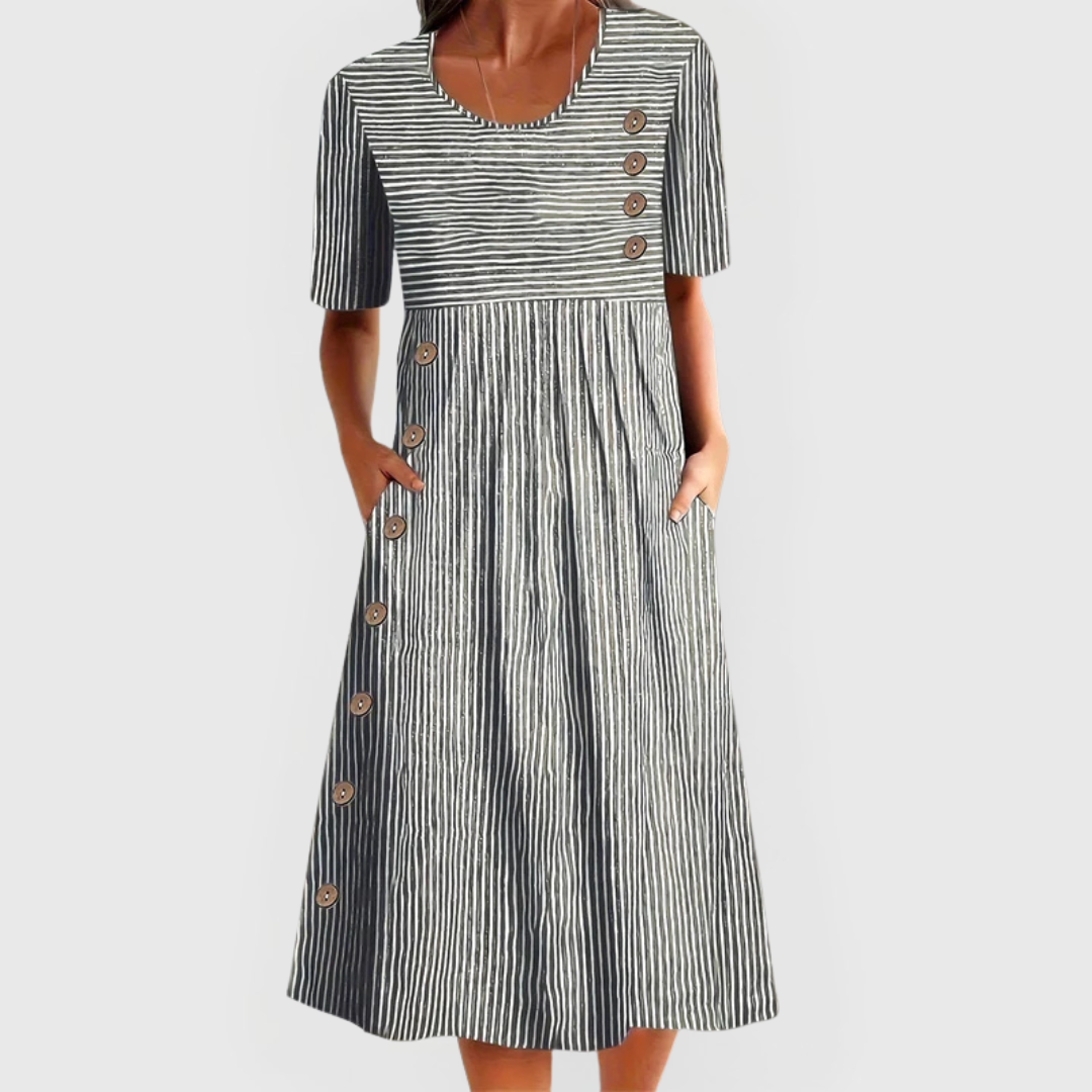 Wanda Striped Midi Dress with Three-Quarter Sleeves and Button Front