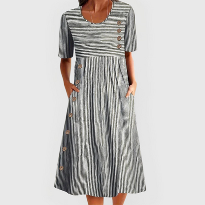 Wanda Striped Midi Dress with Three-Quarter Sleeves and Button Front