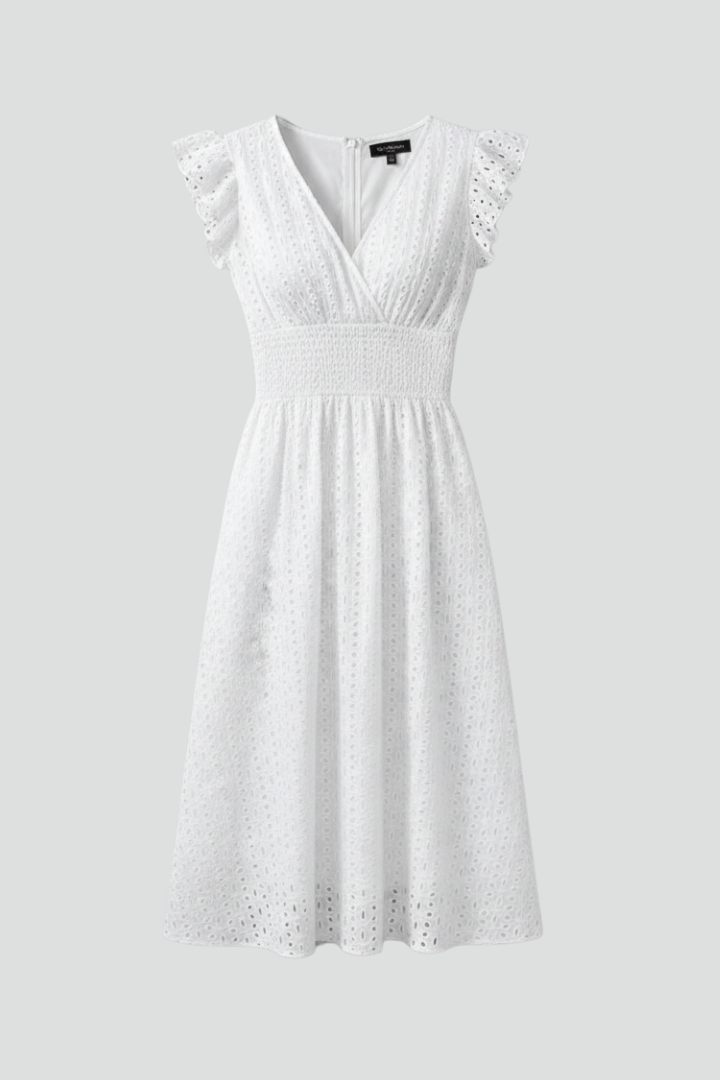 Women's dress with V neckline and short sleeves - front view