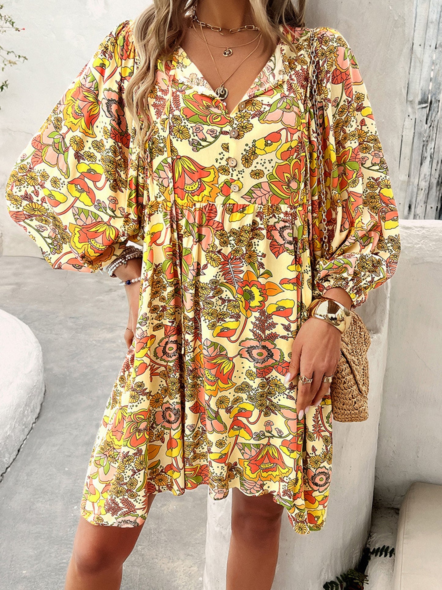 Elegant Floral Women's Dress with V Neck Design | Long Sleeve Wedding Guest Dress for Special Occasions 6