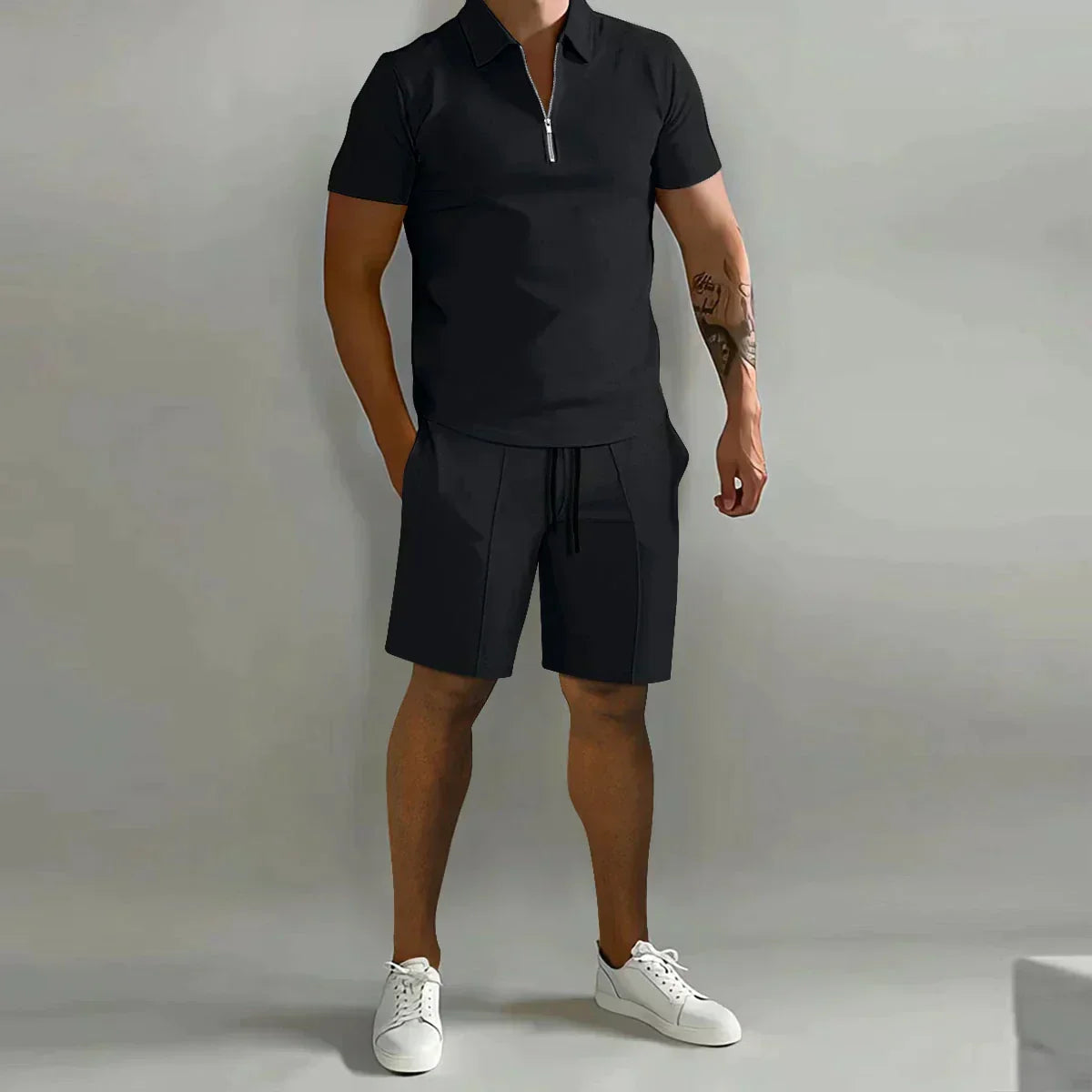 Men's Summer Two-Piece Set with Zipper Polo Shirt and Shorts