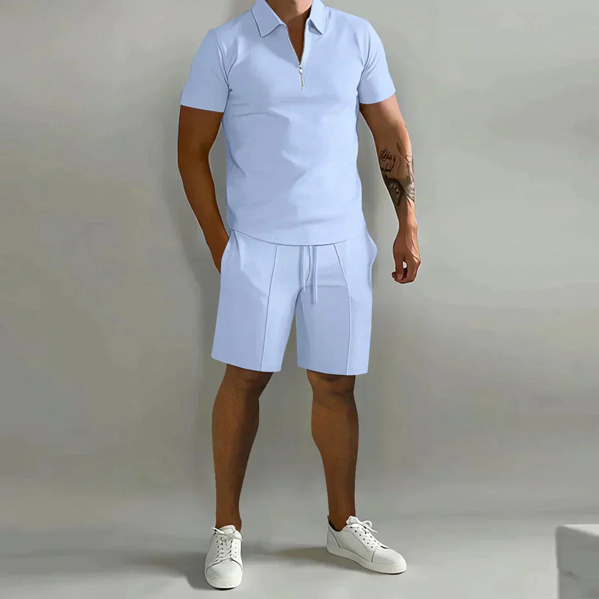 Men's Summer Two-Piece Set with Zipper Polo Shirt and Shorts