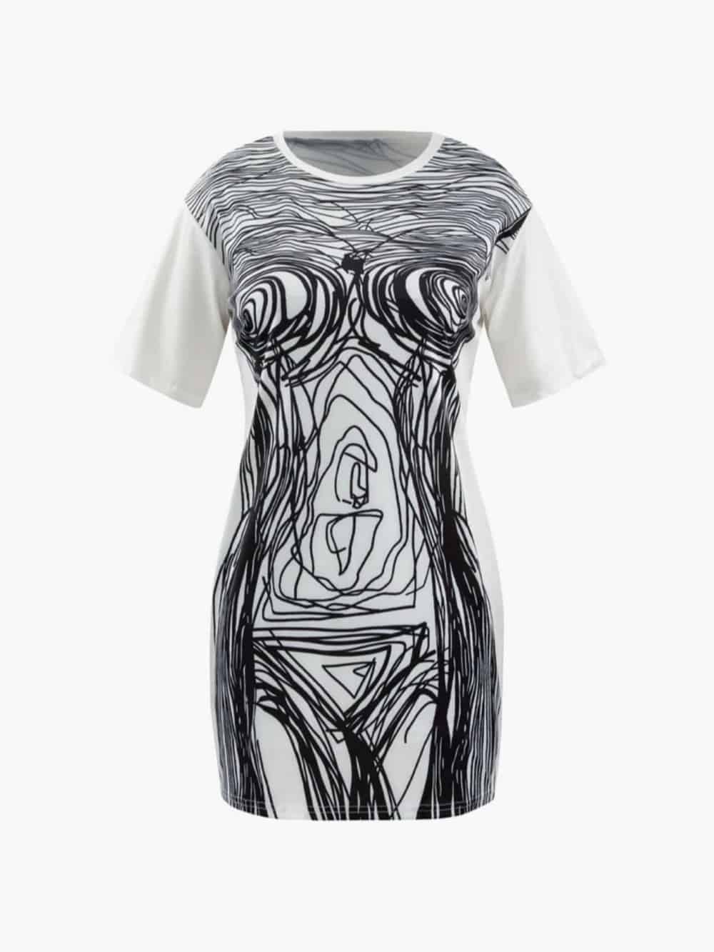 Abstract Line Print Short Sleeve Mini Dress Olympus London
