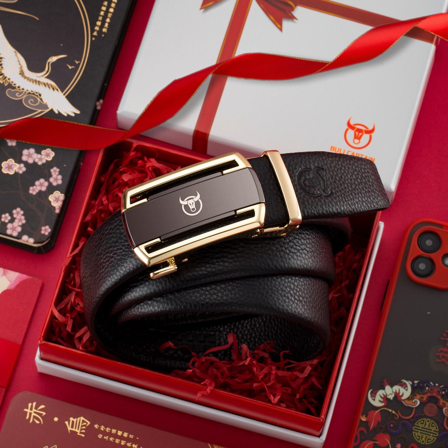 BULLCAPTAIN Openwork Leather Belt for Men whit Elegant Gift Box