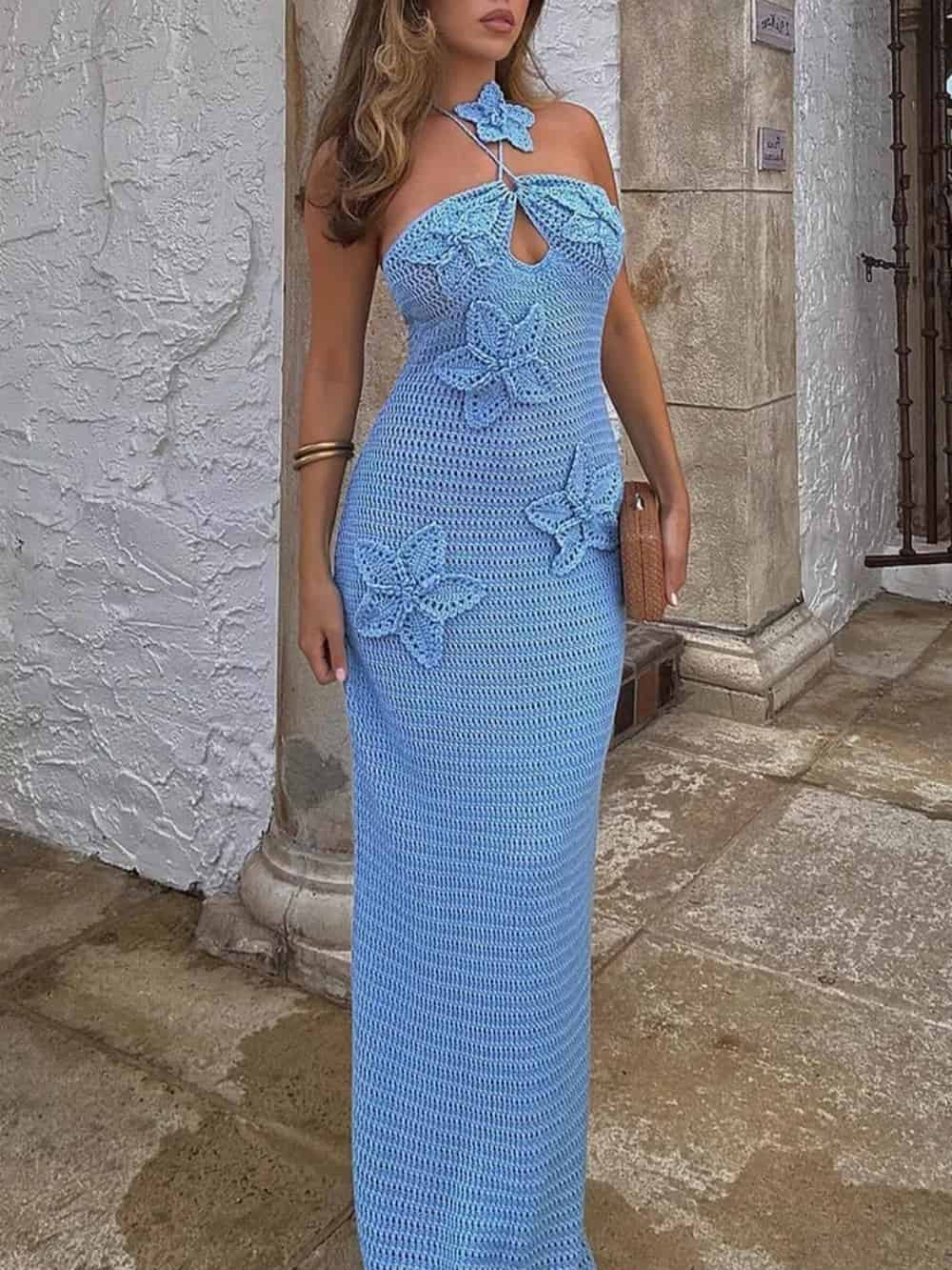 3D Flower Decor Halter Neck Bodycon Crochet Maxi Dresses Olympus London