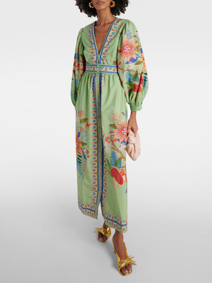 Delicate Floral V-Neck Single Breasted Midi Dress Olympus London