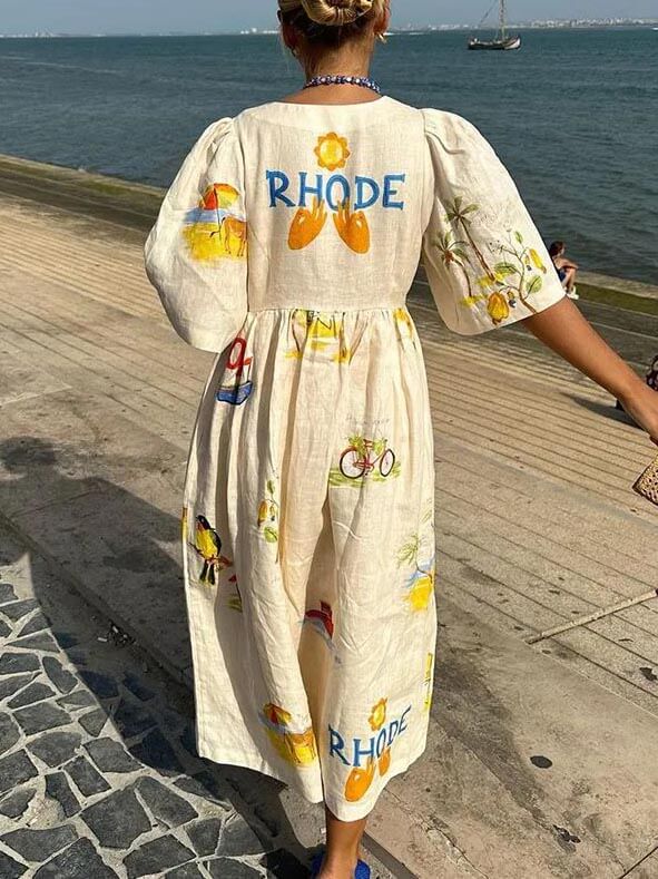 Folk Floral Print Unique Holiday Puff Sleeve Midi Dress Olympus London