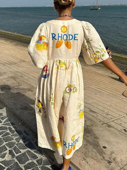 Folk Floral Print Unique Holiday Puff Sleeve Midi Dress Olympus London
