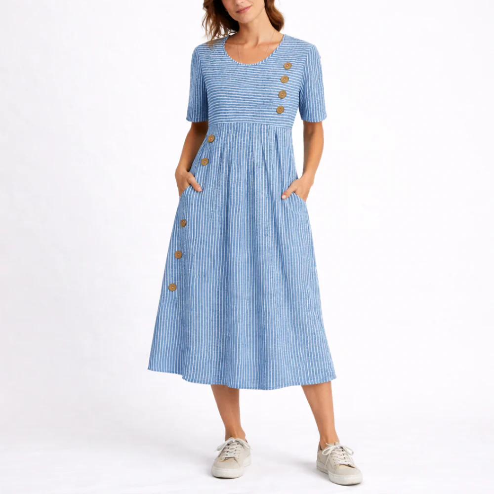 Wanda Striped Midi Dress with Three-Quarter Sleeves and Button Front