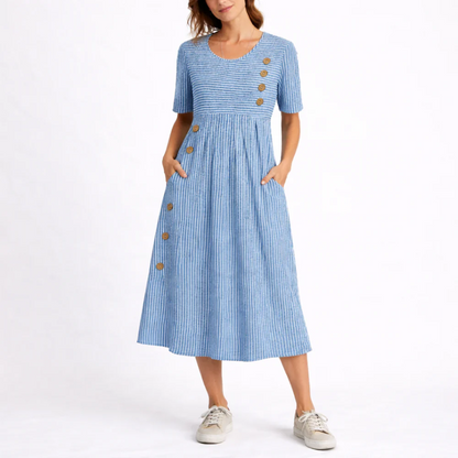 Wanda Striped Midi Dress with Three-Quarter Sleeves and Button Front