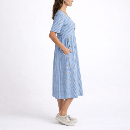 Wanda Striped Midi Dress with Three-Quarter Sleeves and Button Front