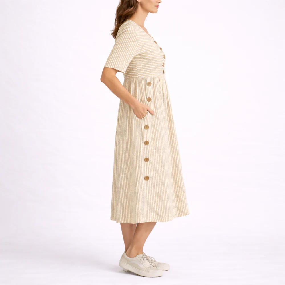 Wanda Striped Midi Dress with Three-Quarter Sleeves and Button Front
