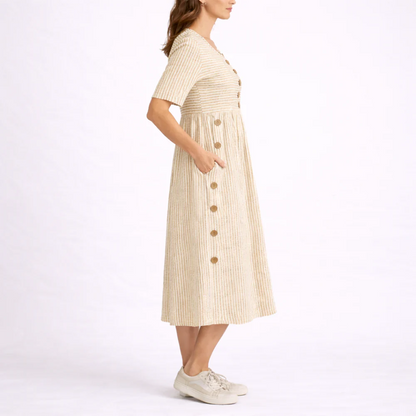 Wanda Striped Midi Dress with Three-Quarter Sleeves and Button Front
