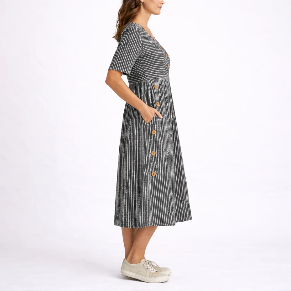 Wanda Striped Midi Dress with Three-Quarter Sleeves and Button Front