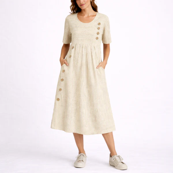 Wanda Striped Midi Dress with Three-Quarter Sleeves and Button Front