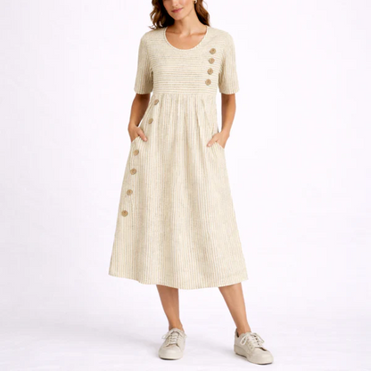 Wanda Striped Midi Dress with Three-Quarter Sleeves and Button Front