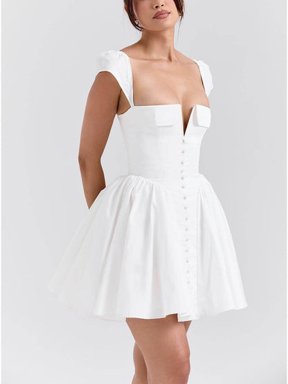 Exquisite V-Neck Pleated Waist Mini Dress Olympus London