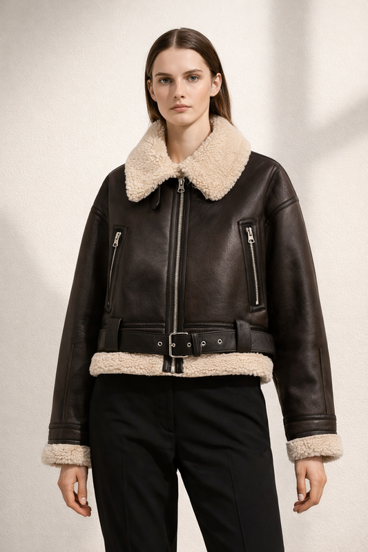 Women’s Shearling Jacket, Vintage Style, Belted Hem, Warm and Cozy